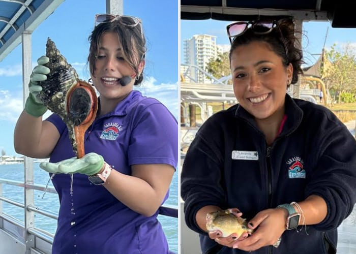 Marine Biologist Amanda holding a pufferfish on a boat in Sarasota Bay