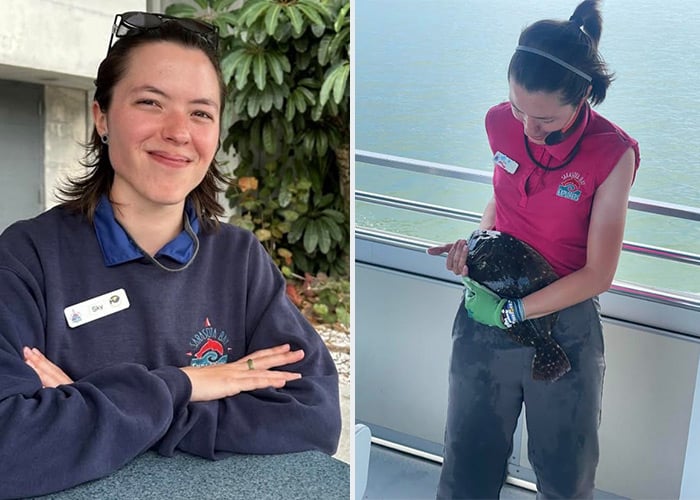 Marine Biologist Sky holding a fish on a boat in Sarasota Bay