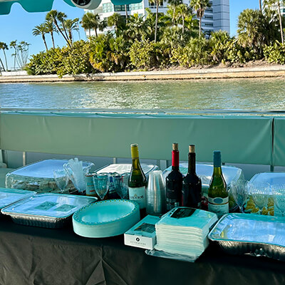 Buffet with food on private boat in Sarasota Bay