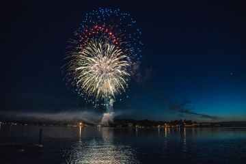 fireworks in the sky over a body of water